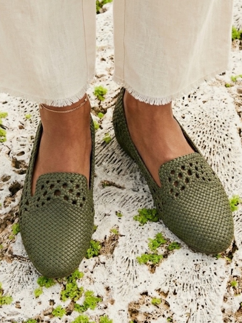Birdies Olive Green Woven Slip-On Loafers